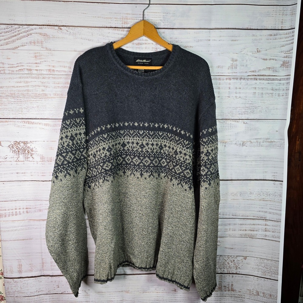 Eddie Bauer Men's XL Tall Gray Fair Isle Crewneck Cotton Blend Sweater